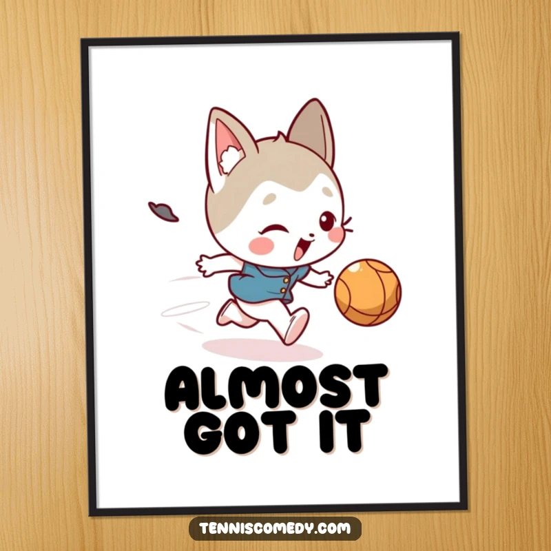 Funny poster art of a cute character hilariously tripping while chasing a speedy ball, capturing a moment of pure comedic action.