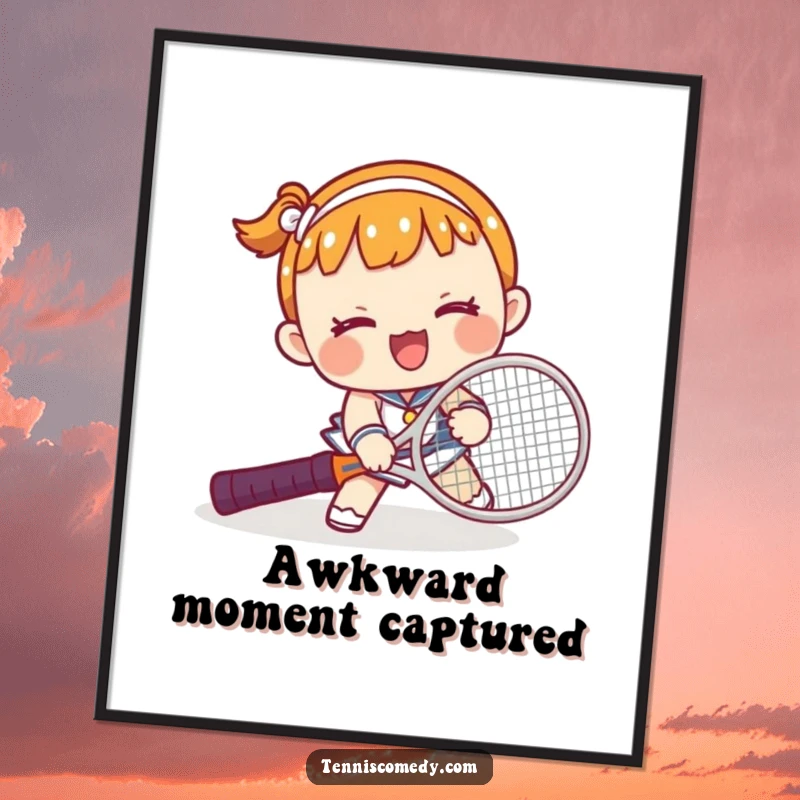 Funny Kawaii Tennis Fail Poster: Comical scene of a kawaii character tripping over a tennis racket, adding a humorous touch to any space.