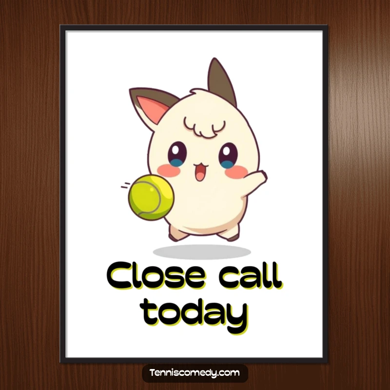 Funny tennis dodge poster print of a character looking surprised, reacting to a fast-moving tennis ball, ideal for humorous decor.