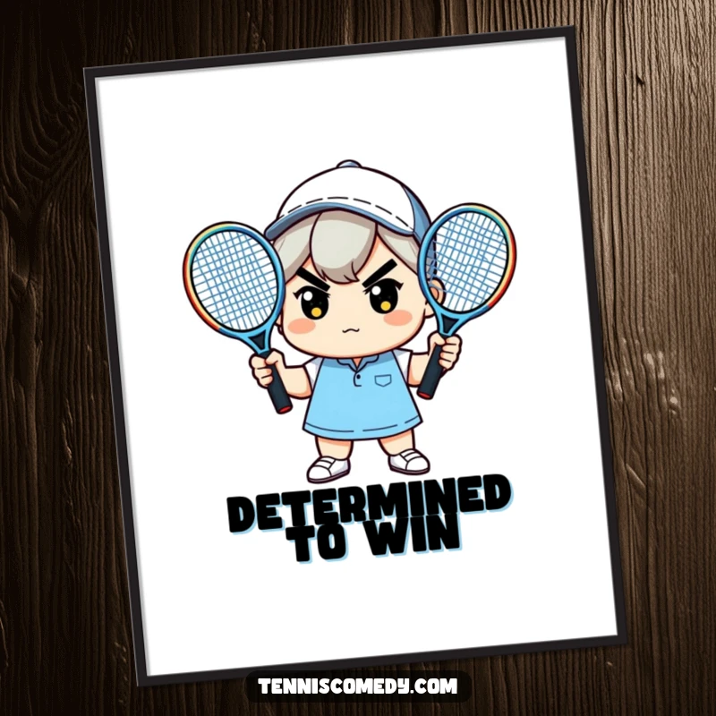 Funny poster depicting a determined kawaii character holding two tennis rackets, adding humor to any wall space.