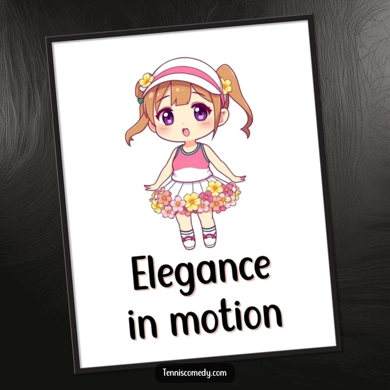 Funny floral tennis skirt poster, artistic illustration, character wearing a skirt of various blooming flowers, vibrant and whimsical.