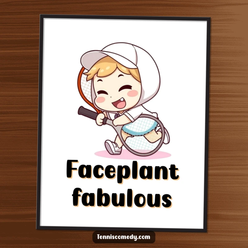 Funny tennis tripper poster print of a character playfully tripping over a tennis racket, wearing a goofy smile, ideal for humorous decor.