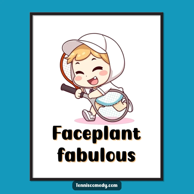 Funny Tennis Tripper Action Poster: Goofy Smile for Humorous Wall Art Gift