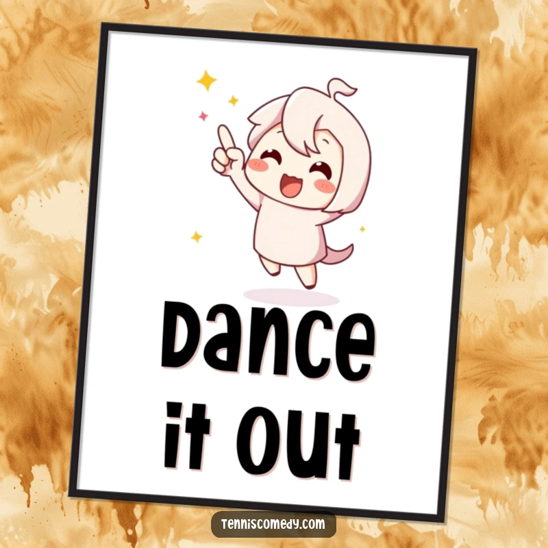 Funny cute character poster, captured mid-happy dance, celebrating a scored point with infectious joy.
