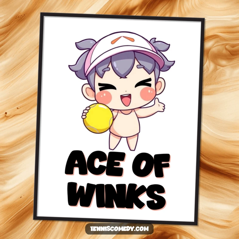 Funny cartoon character poster serving a tennis ball with a goofy wink, sports art print, humorous action, excellent funny gift.
