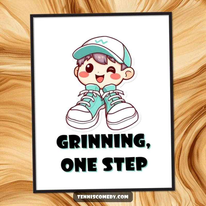 Funny Kawaii character poster artwork depicting oversized tennis shoes and a wide, happy grin, perfect for adding humor to walls.