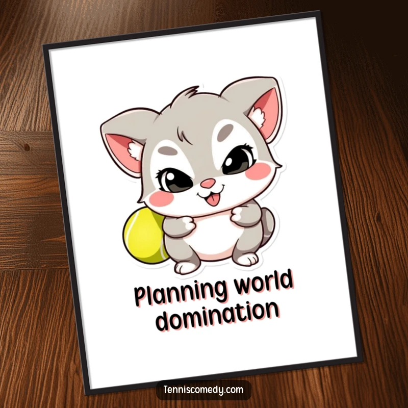 Funny poster showcasing a mischievous character with a grin, hiding a tennis ball behind its back, humorous wall art.