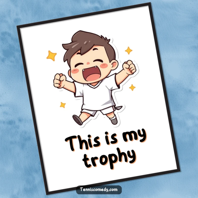 Funny poster showcasing a character triumphantly cheering with clenched fists after scoring, celebrating a sports victory.