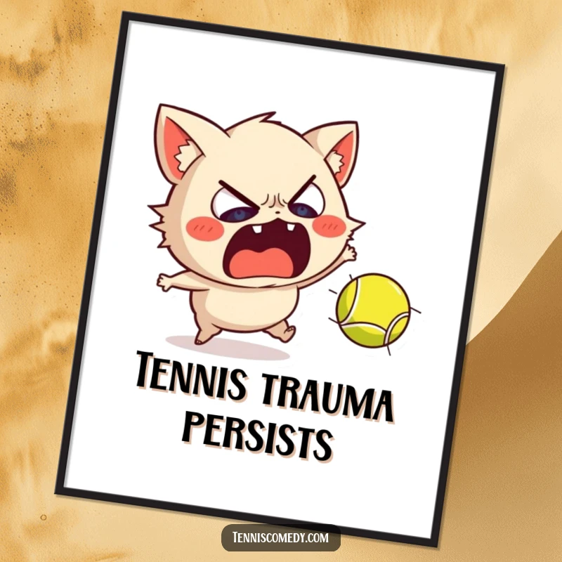 Funny poster of a scared Staffordshire recoiling dramatically from a fast tennis ball, a humorous depiction of sports panic.