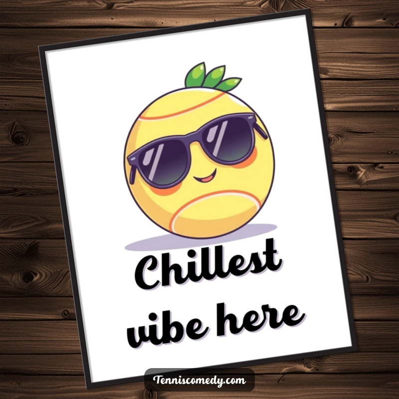 Funny poster art of a tennis ball wearing sunglasses, chilling on a court, perfect for humorous wall decor and as a gift.