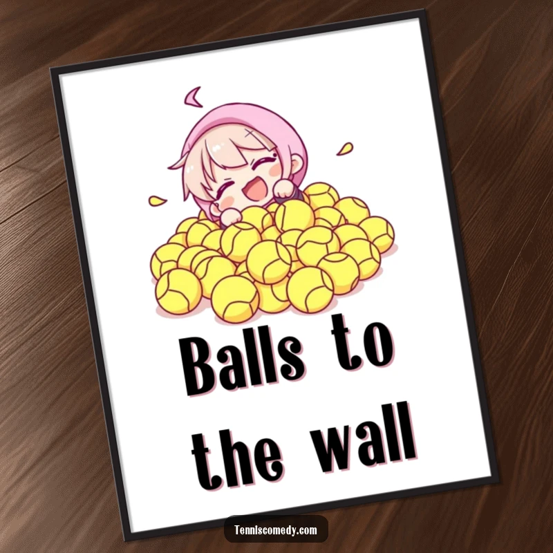 Funny poster capturing a character comically submerging into a large pile of tennis balls, bringing energetic and playful humor to wall decor.