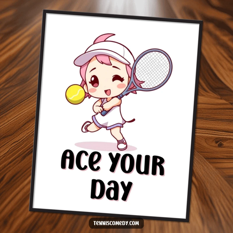 Funny tennis player poster print of a character in a dynamic pose, racket raised to hit a tennis ball, showcasing athletic humor.