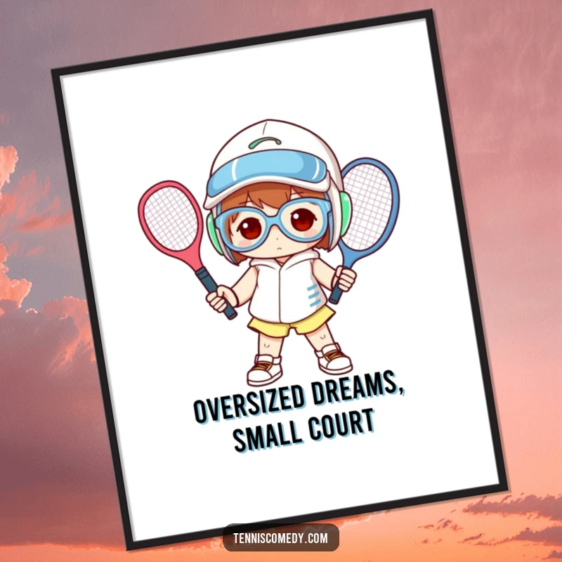 Funny poster art of a character in oversized tennis equipment, striking a humorous and memorable pose.