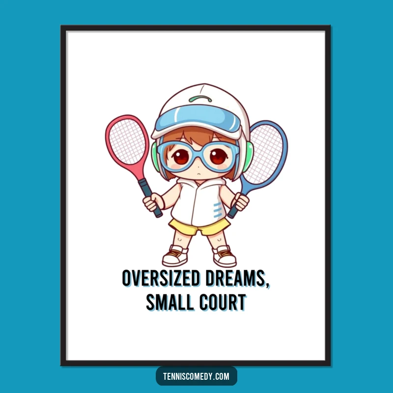 Funny Tennis Player Poster: Oversized Gear Pose Art, Hilarious Sports Decor