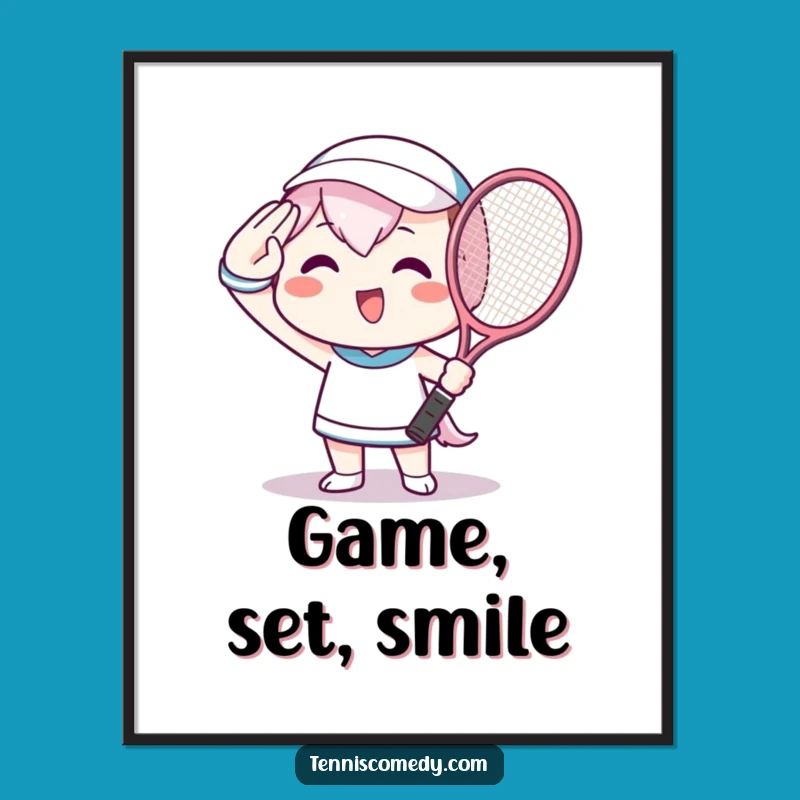 Funny Tennis Poster - Kawaii Saluting Character Art, Unique Funny Gift Decor