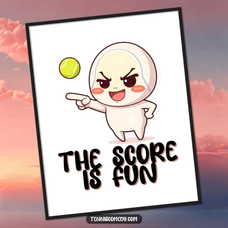 Funny poster, character with mischievous grin and tennis ball, playful wall art, perfect for game rooms, humorous decor.