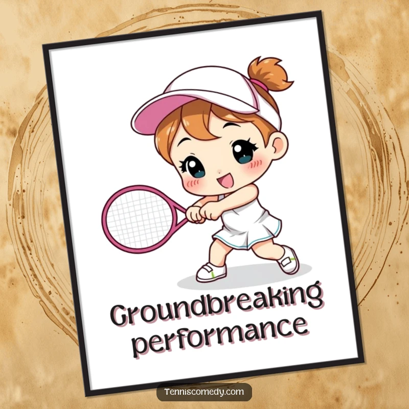 Funny cute character poster smashing a tennis racket, sports art print, humorous depiction, excellent funny gift.