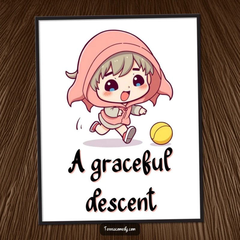 Funny poster print of a cartoon tennis player comically tripping while chasing a tennis ball. Hilarious sports art for decoration.