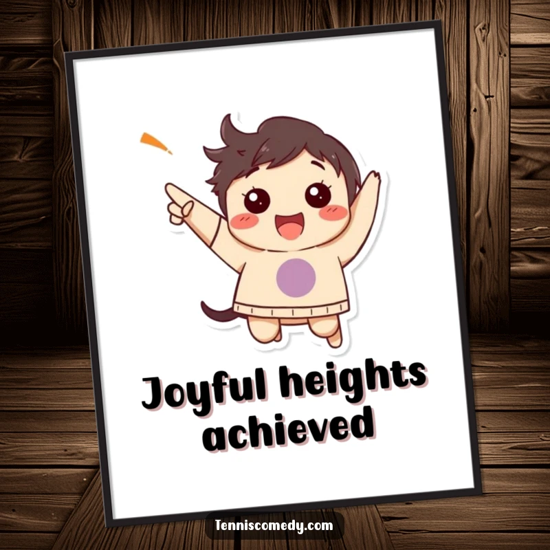 Funny poster art of a character performing an energetic and joyful jump to celebrate a success.