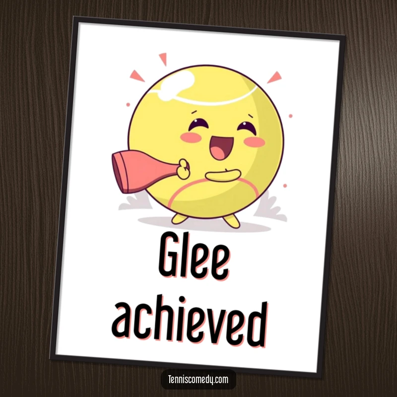 Funny art print of a kawaii character hitting a giant tennis ball with immense glee, perfect for cheerful home decor.