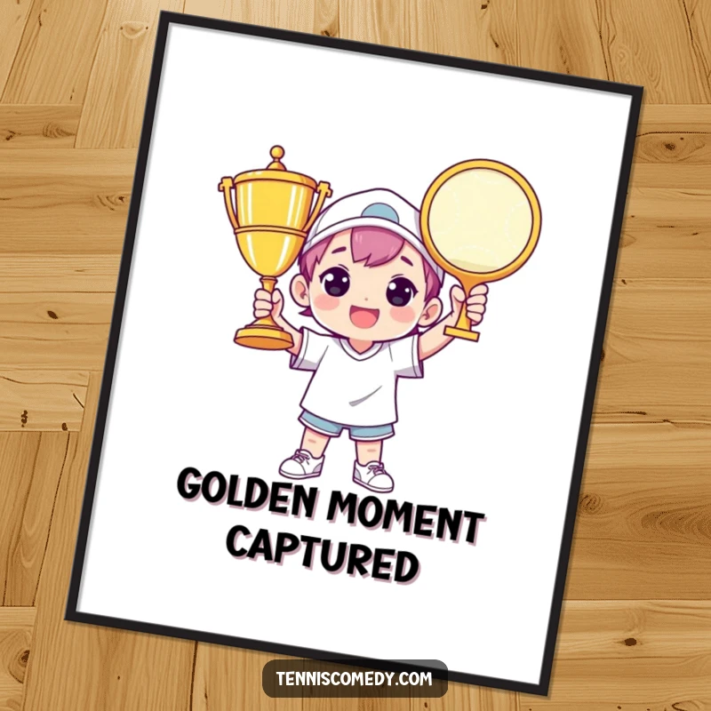 Funny tennis poster showing a character triumphantly holding a giant tennis trophy, perfect for motivational and humorous wall decor.