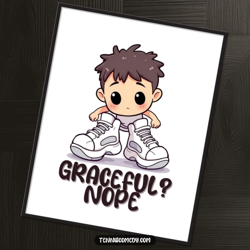 Funny poster of a Staffordshire character comically stumbling on a tennis court wearing oversized shoes, a humorous depiction of athletic fails.