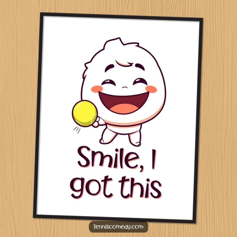Funny poster of a character with a playful smirk, about to smash a tennis ball at a giant smile, capturing a moment of humorous tennis.