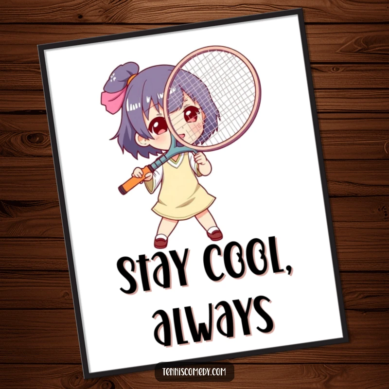 Funny tennis racket fan poster, humorous illustration, character using a tennis racket as a large fan, perfect for sports enthusiasts.