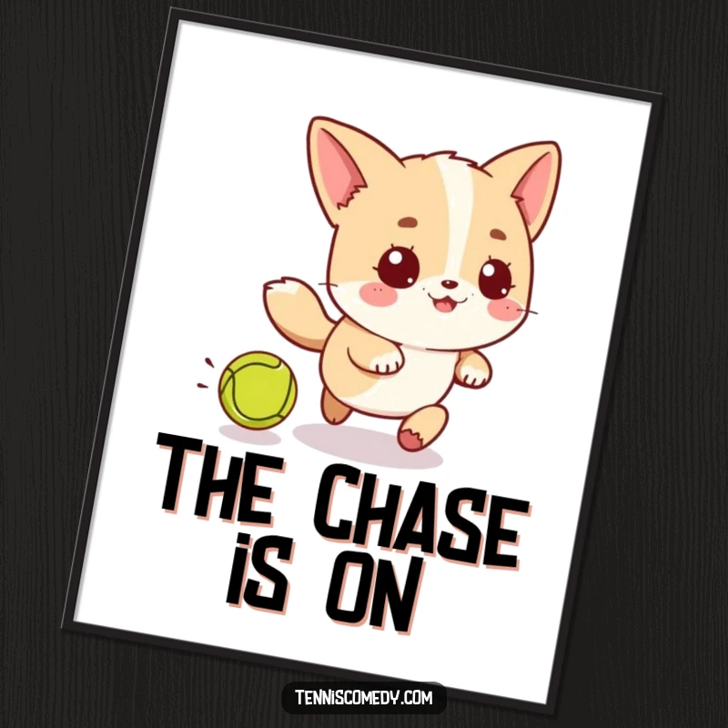 Funny Kawaii Tennis Chase Poster: Lively kawaii character playfully running after a tennis ball, adding a touch of whimsical fun to walls.