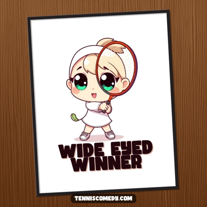 Funny poster art: a character with large, wide eyes energetically swinging a tennis racket. Captures the joy of the game.