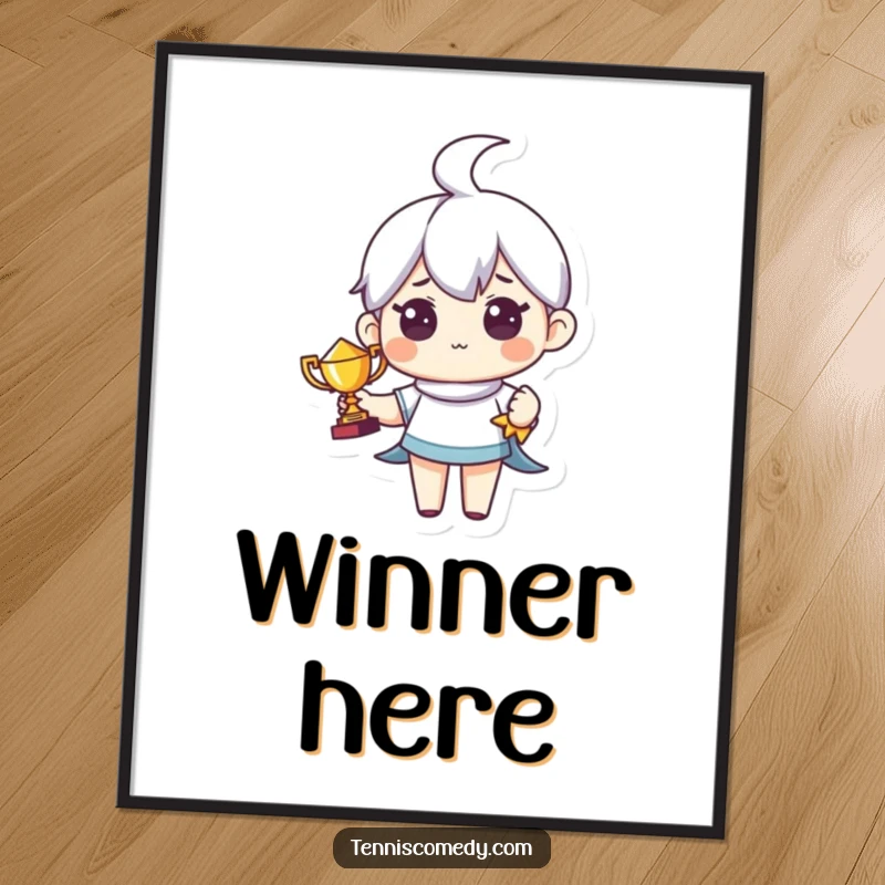 Funny poster featuring a cute character holding a tiny trophy with pride. Humorous wall art.