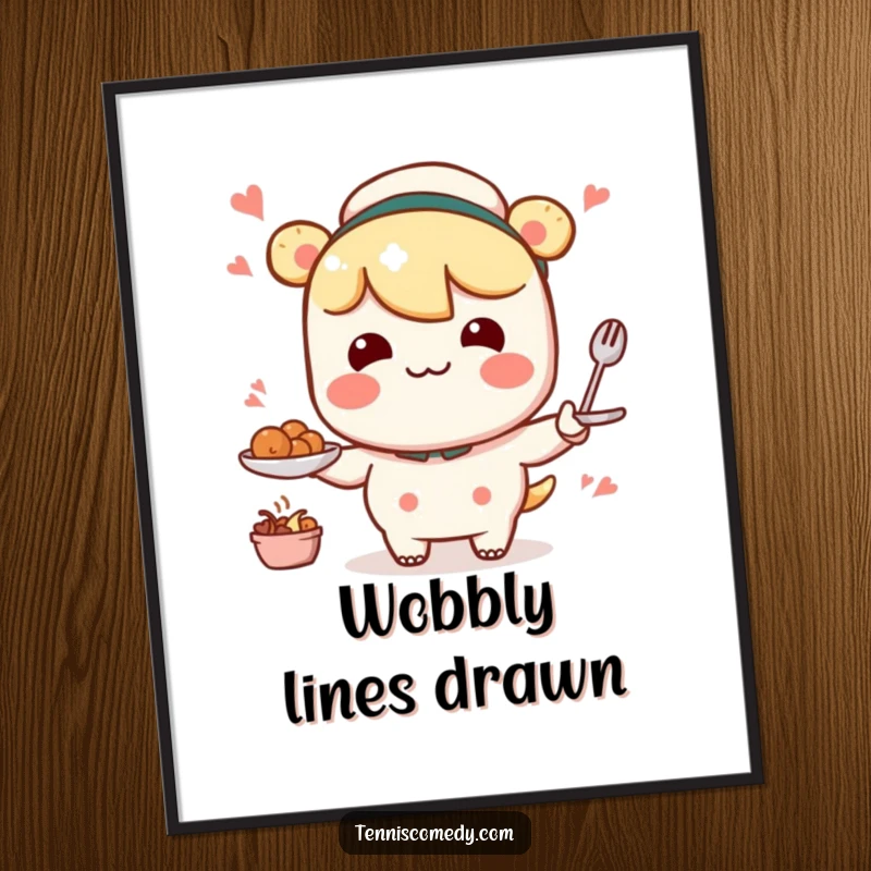 Funny Kawaii character poster art depicting a comical, wobbly serving motion, perfect for adding humor to walls.