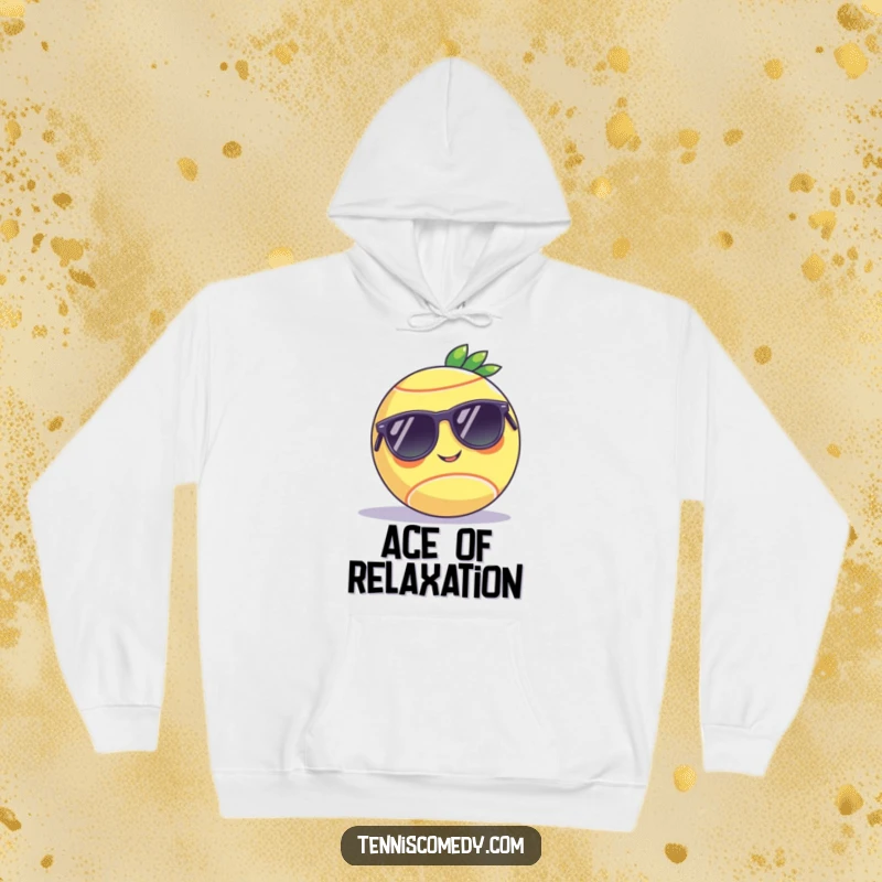Funny hoodie design featuring a tennis ball with sunglasses, chilling on a court, offering warmth and humor as a gift.