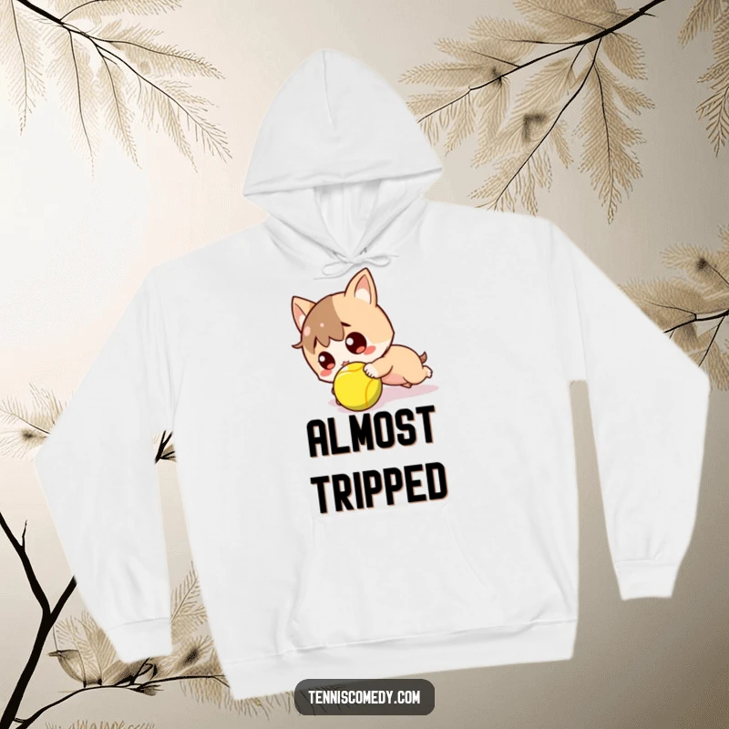 Funny hoodie featuring a kawaii tennis character comically tripping over a tennis ball, looking utterly surprised.