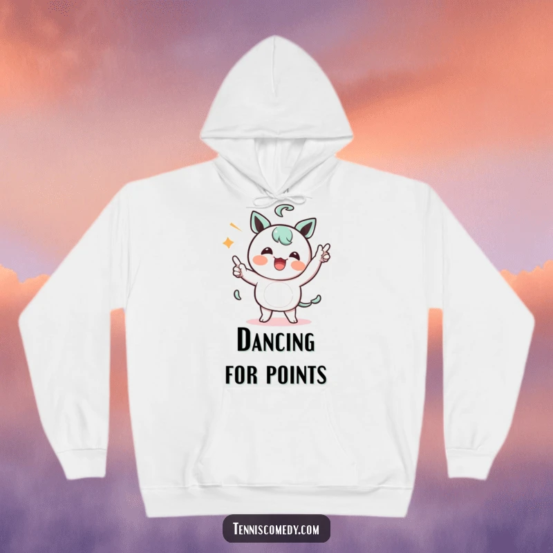 Funny Kawaii character hoodie depicting a character comically celebrating a point with a silly dance, ideal for cozying up.