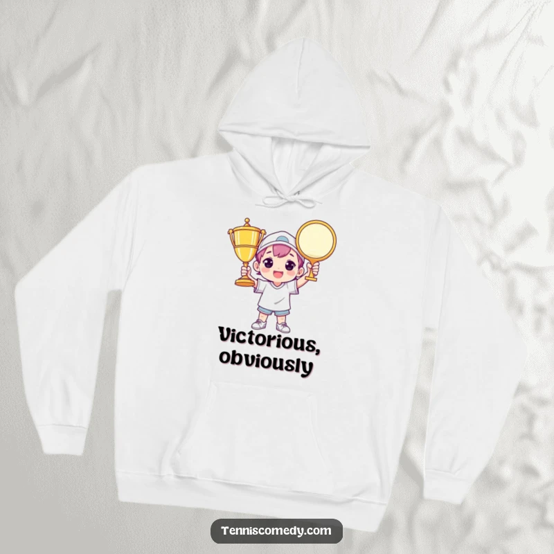 Funny tennis hoodie showing a character triumphantly holding a giant tennis trophy, perfect for celebrating wins in comfort.