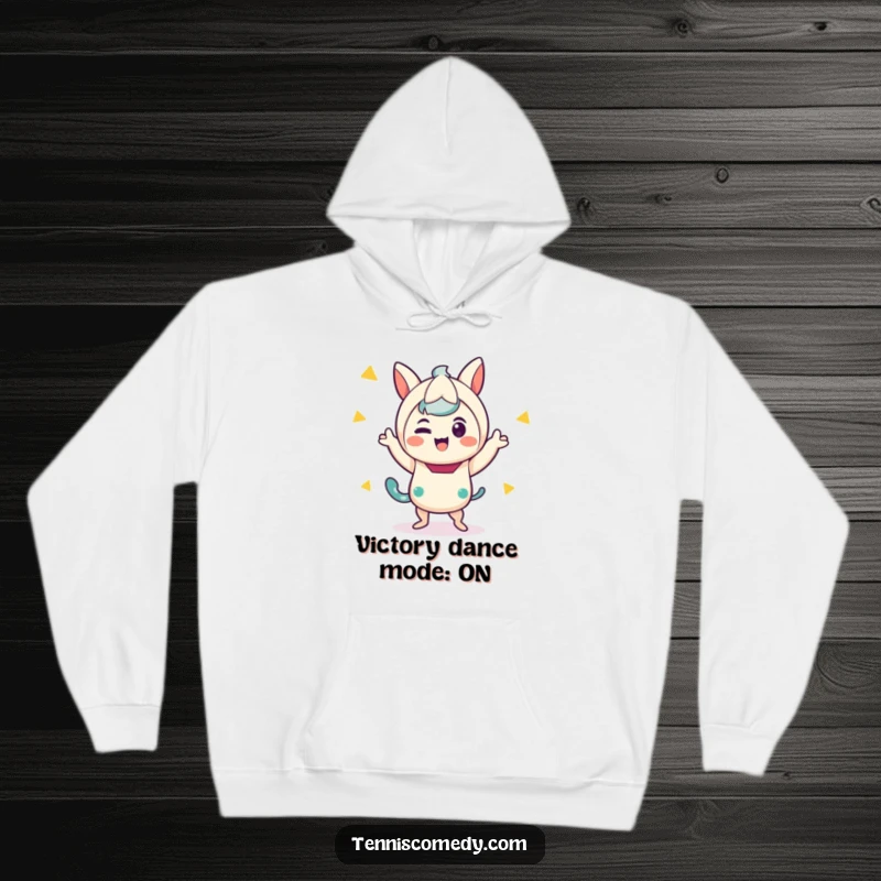Funny hoodie with a delightful kawaii character busting out a comical victory dance, radiating happiness and playful energy.