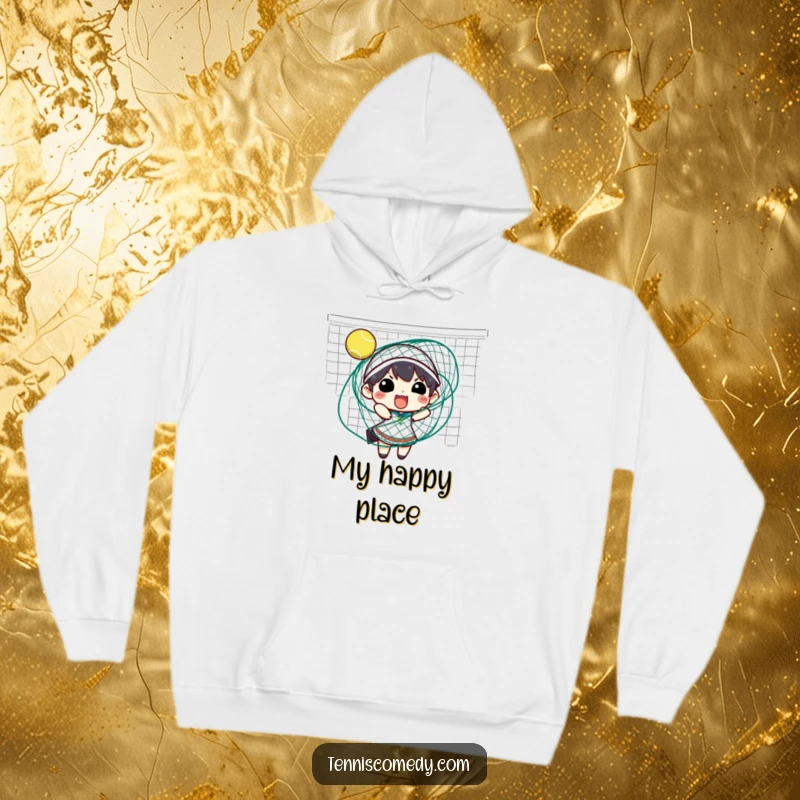 Funny tennis hoodie showing a character hilariously tangled in a tennis net, offering warmth and humor for fans.