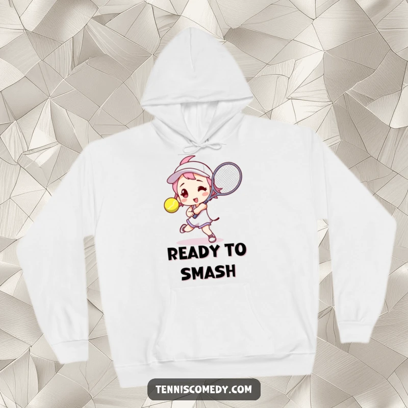 Funny tennis player hoodie showing a character in a powerful stance, ready to hit a tennis ball, offering warmth and humor.