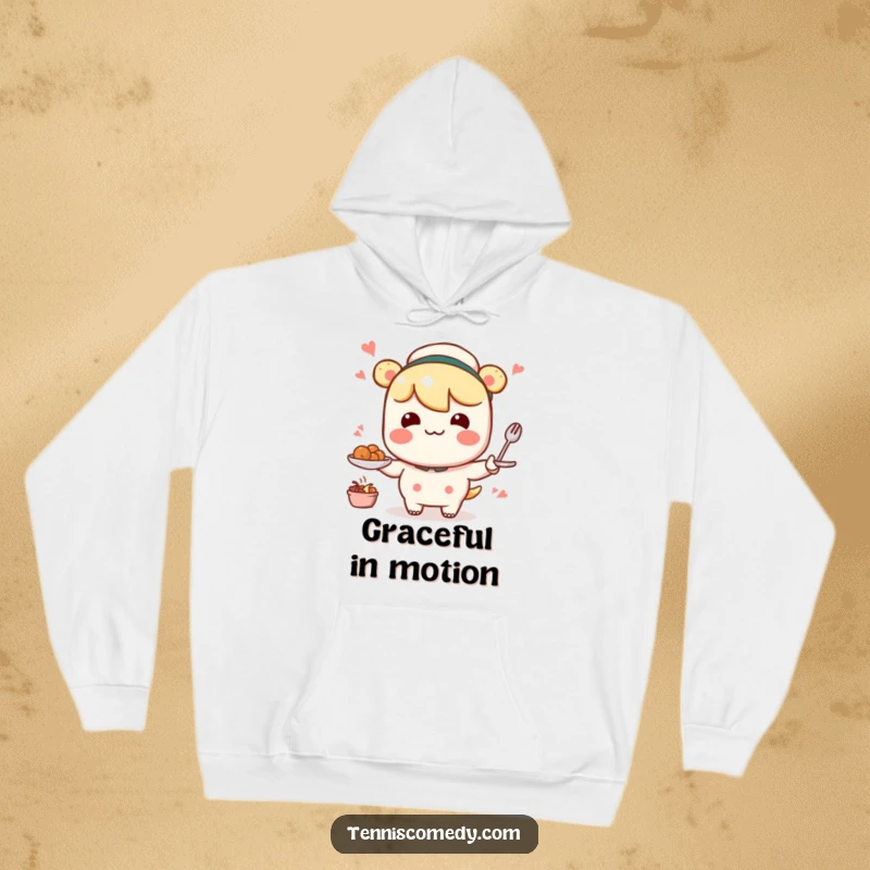 Funny Kawaii character hoodie depicting a comical, wobbly serving motion, ideal for cozying up with a laugh.