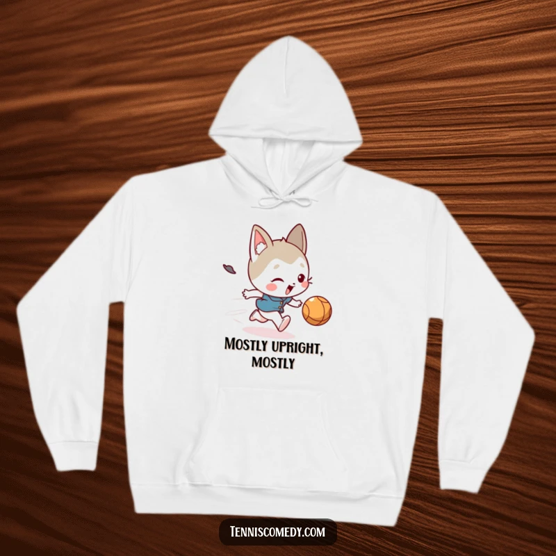 Funny hoodie depicting a cute character comically tripping as they chase a blur of a ball, emphasizing movement and humor.