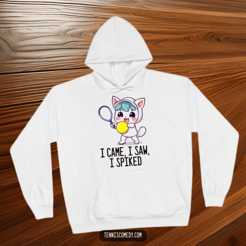 Funny Kawaii Tennis Hoodie: Cute character energetically smashes a tennis ball, radiating happiness and the thrill of a winning shot.