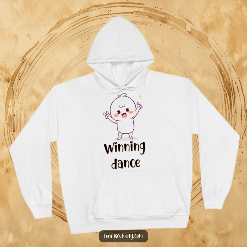 Funny hoodie with a kawaii tennis character doing a silly, jubilant victory dance, designed for warmth and fun.