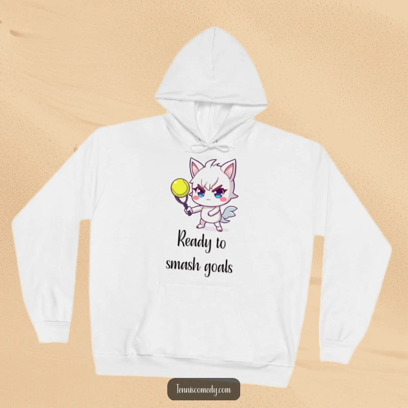 Funny tennis hoodie depicting a determined player executing a powerful serve with remarkable flair and a focused, yet amused, look.