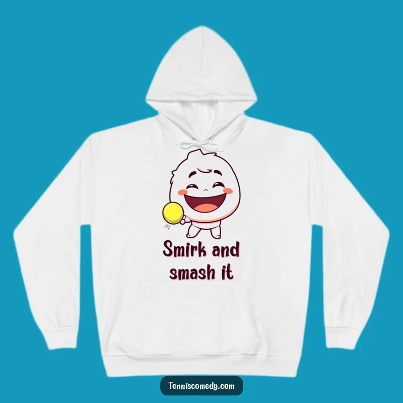 Funny Tennis Smirk Hoodie: Cozy Up with a Playful Character Smashing a Tennis Ball