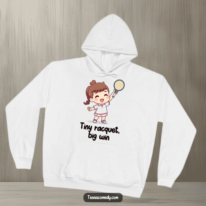 Funny hoodie featuring a character triumphantly raising a tiny tennis racquet after a successful point, perfect for a humorous tennis fan.