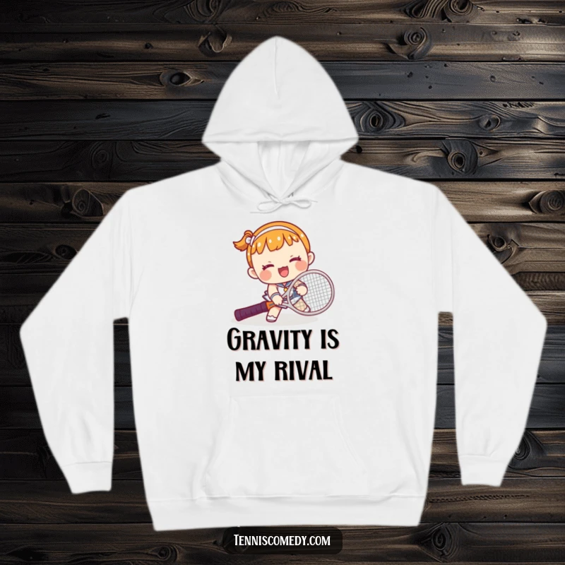 Funny Kawaii Tennis Mishap Hoodie: Cute character comically tripping on a tennis racket, offering warmth and a good dose of humor.