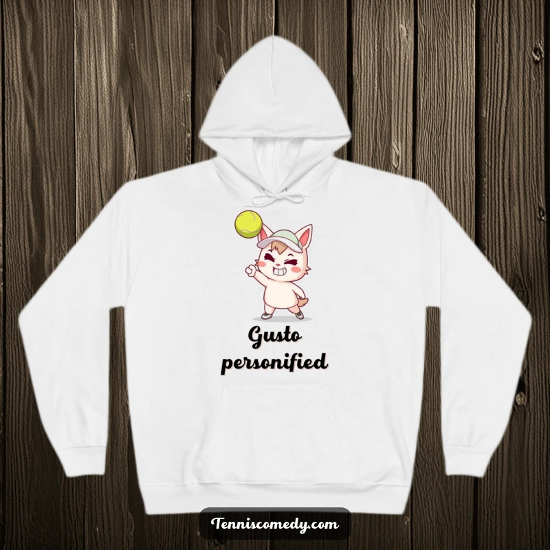 Funny hoodie with a cartoon tennis player displaying a determined grin while powerfully serving a tennis ball. Cozy and energetic sports wear.