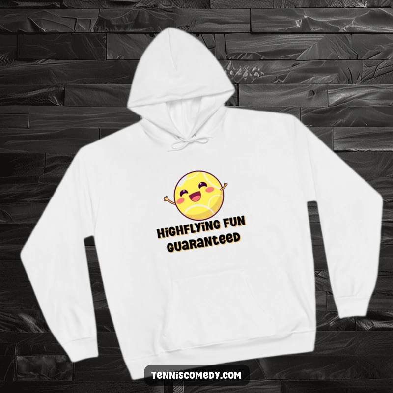 Funny tennis ball hoodie featuring a smiling tennis ball joyfully bouncing with great height, perfect for cozying up after a match.