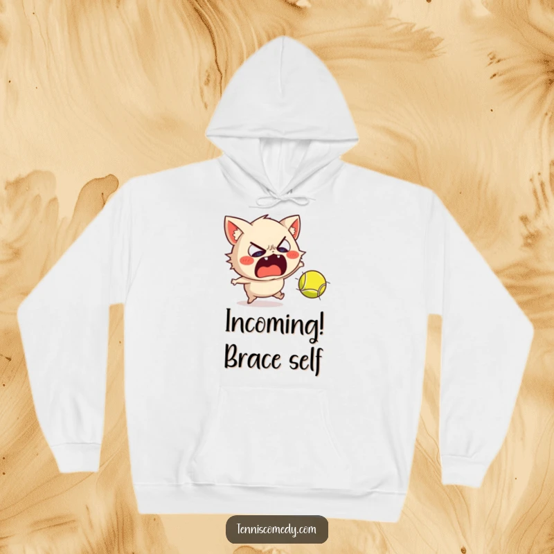 Funny hoodie showing a scared Staffordshire character dramatically recoiling from a fast tennis ball, offering warm, humorous protection.